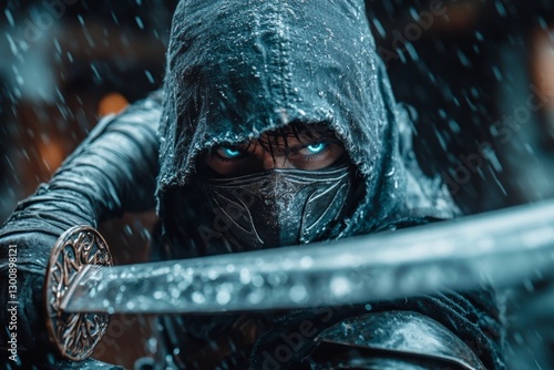 A ninja blending into a dark cave, with only the faint glint of their eyes and the sheen of their blade visible