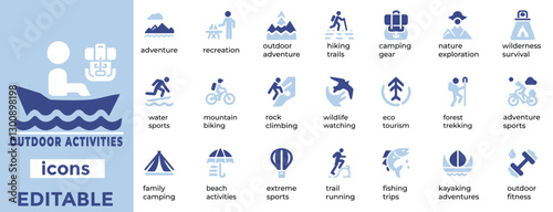 Adventure ready Outdoor Activities vector icons for camping, hiking, sports and travel. Perfect for web and print
