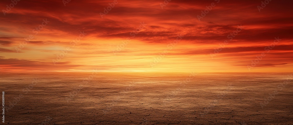 Obraz premium Vibrant Sunset Over Cracked Earth in a Vast Desert Landscape, Showcasing Nature's Beauty and Warmth at Dusk