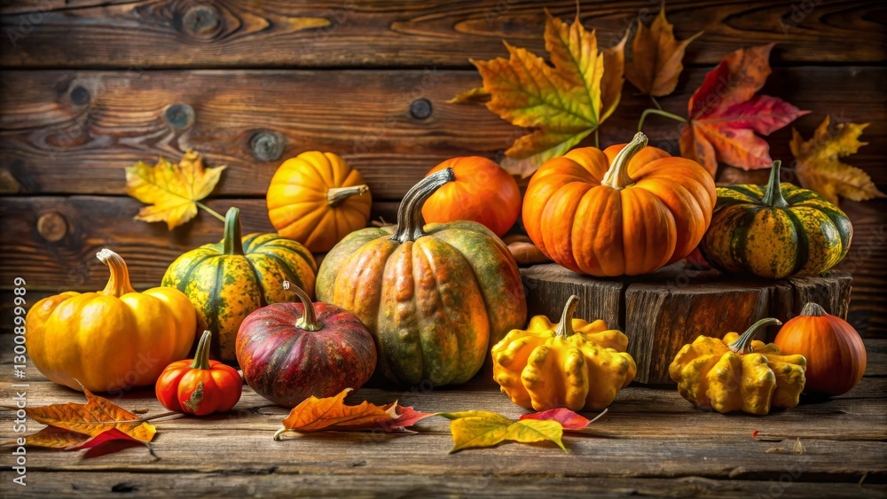Autumn Harvest A Colorful Display of Gourds and Fallen Leaves on Rustic Wood Autumn Harvest A Colorful Display of Gourds and Fallen Leaves on Rustic Wood