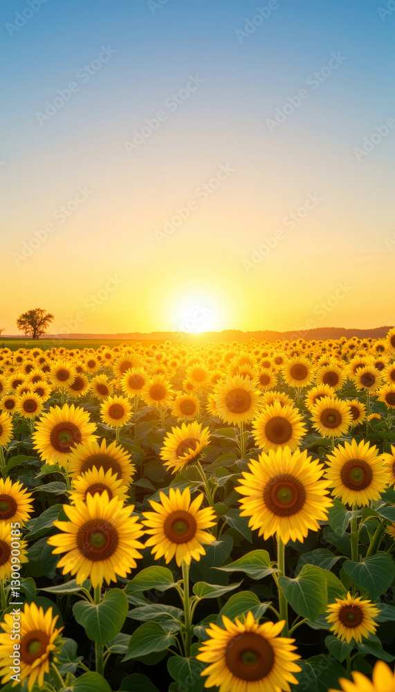 Fototapeta premium Vibrant sunflowers blooming at sunrise in a vast field, seasonal beauty