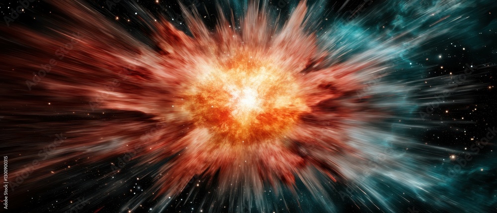 Fototapeta premium Explosive Cosmic Event Showcasing Vibrant Bursts of Red and Blue Colors Against a Backdrop of Stars in Deep Space