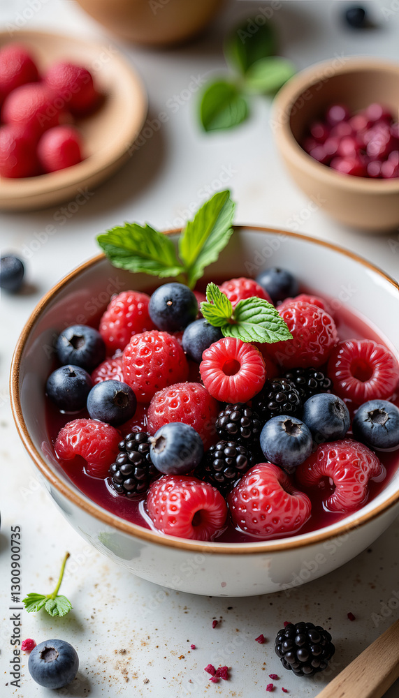 Bowl of mixed berries with mint in rustic kitchen, detox concept
