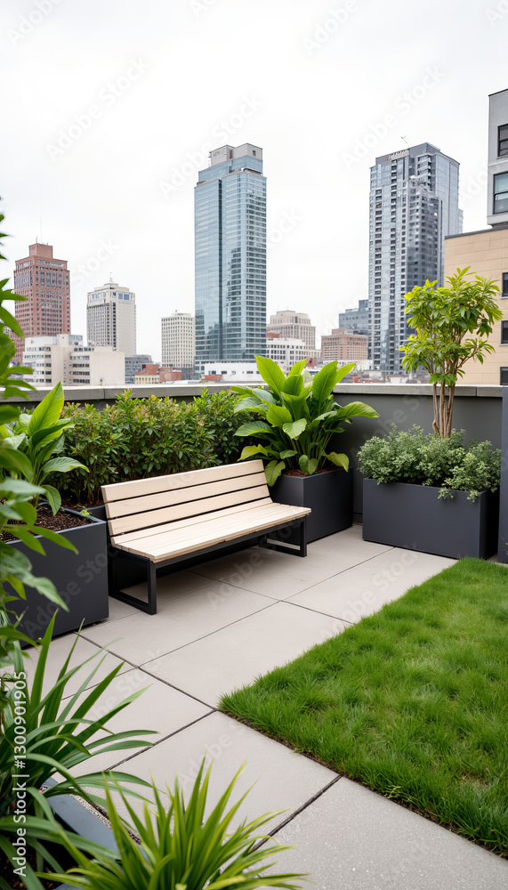 Obraz premium Modern rooftop garden with seating area amidst urban skyline, tranquility