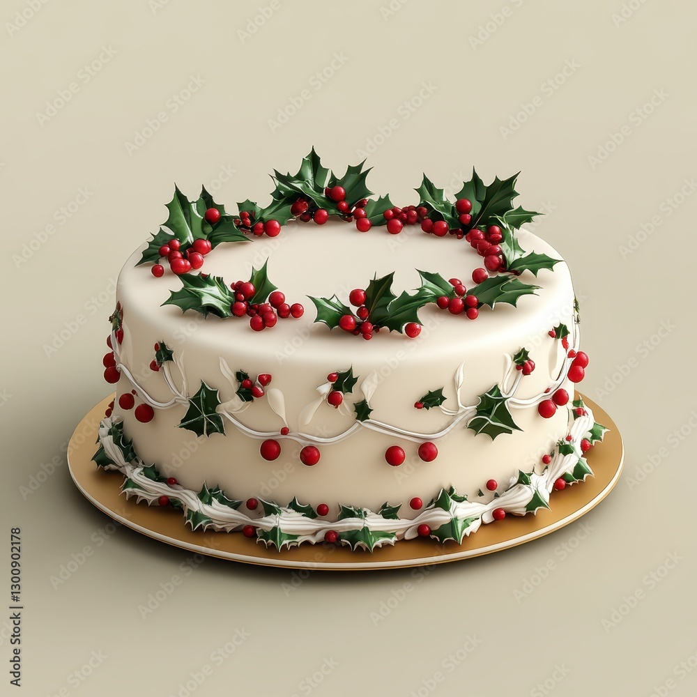 Fototapeta premium Elegant Holiday Cake Decorated with Holly and Berries on a Plate