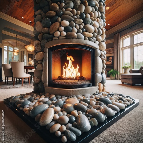 Polished river rocks fill the hearth space or line the bottom of photo