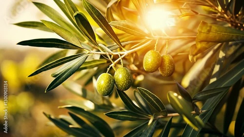 Close-up of fresh green olives hanging from an olive tree branch, showcasing their smooth texture and natural growth in soft sunlight