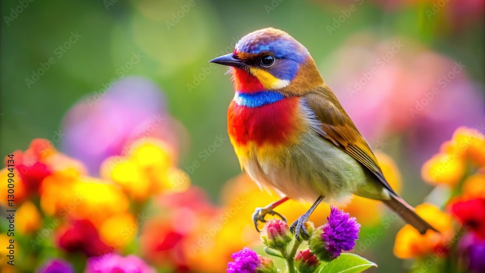 Obraz premium Vibrant Rainbow Bird Perched on a Colorful Flower Cluster in a Lush Garden