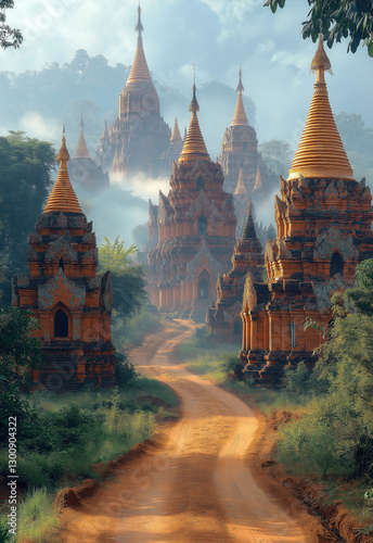 Dirt path to the ancient temples of Bagan, between fields with trees.