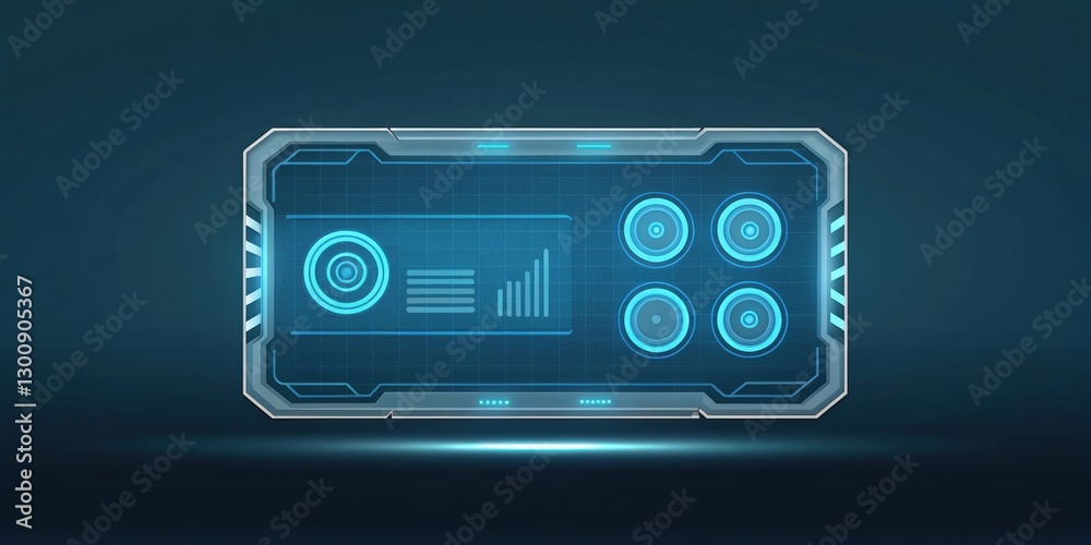 Fototapeta premium futuristic interface panel with a digital display and glowing blue elements. The panel is set against a dark background and it suggest advanced technology