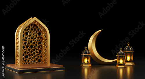 3D Luxury Islamic Theme with Crescent Moon, Lanterns, and Ornamental Arch