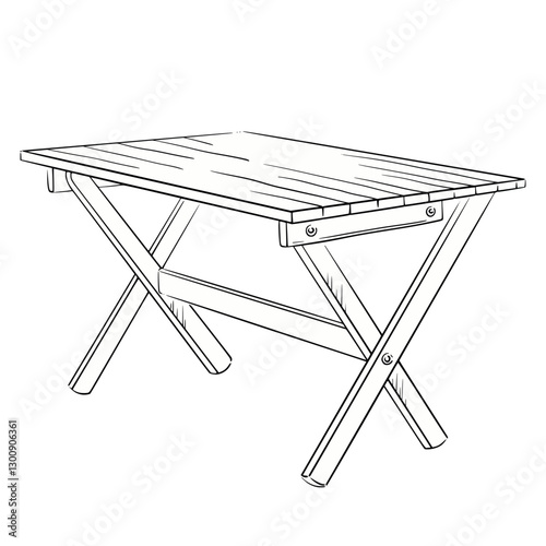 Garden table. Isolated vector linear hand-drawn illustration of a wooden folding table. Great for outdoor decor, picnic and tourism settings, and farmhouse-style visuals, seasonal sign, card, postcard