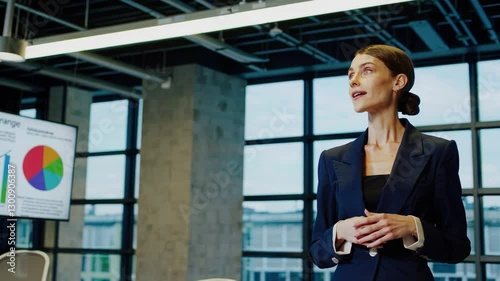 Wallpaper Mural Confident Female Business Professional in Modern Office Setting Leading Presentation with Data Graphs and Color Charts on Monitor Torontodigital.ca