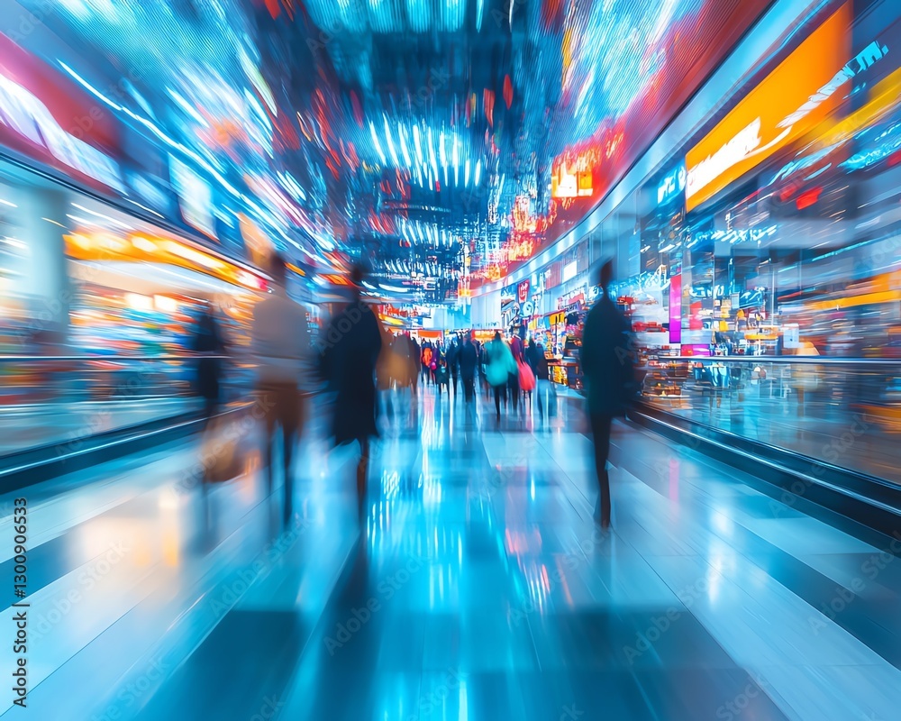 Shoppers in a store with motion blur, capturing the dynamic nature of consumer behavior and sales forecasting, colorful lights and fastpaced retail atmosphere, abstract art style Shoppers in a store with motion blur, capturing the dynamic nature of consumer behavior and sales forecasting, colorful lights and fastpaced retail atmosphere, abstract art style