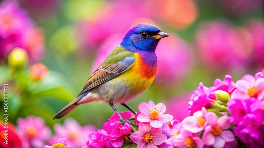Vibrant Plumage of a Colorful Bird Perched Gracefully Amidst a Blossoming Garden of Delicate Pink Flowers Vibrant Plumage of a Colorful Bird Perched Gracefully Amidst a Blossoming Garden of Delicate Pink Flowers