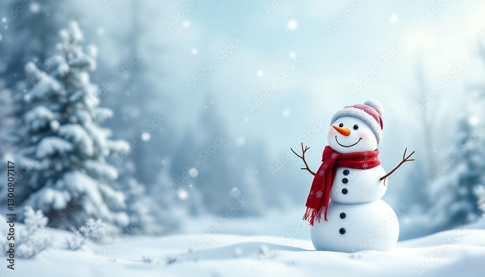 Fototapeta premium Cheerful-Snowman-in-Winter-Forest-with-Snowfall