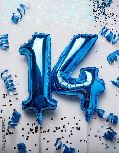 Blue balloon number 14 for fourteenth birthday or anniversary party. White background with confetti