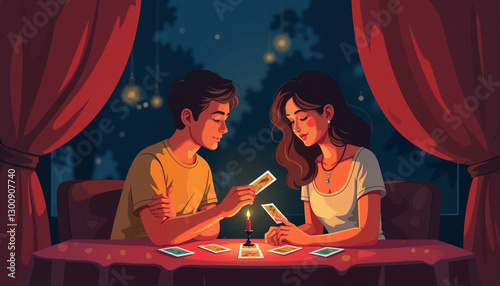 Young couple reading tarot cards by candlelight in cozy setting, intimacy
