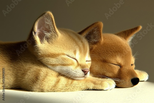 Adorable Cat and Dog Napping Together Cozy Indoor Setting Pet Photography Warm Lighting Close-Up Friendship Concept