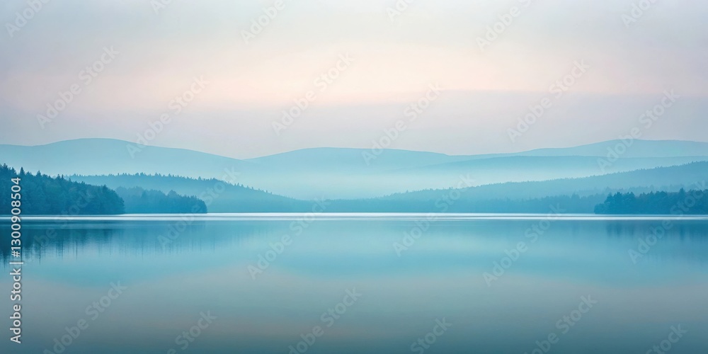 Fototapeta premium Serene lake reflecting misty mountains at dawn