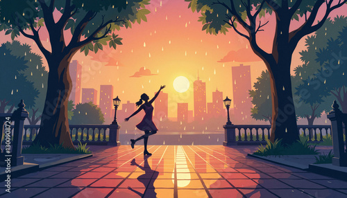 Joyful dancing in the rain at dawn, romantic urban park vibe