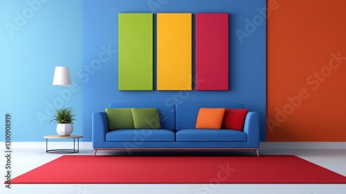 Colorful living room interior with a blue sofa, a colorful abstract painting on the wall