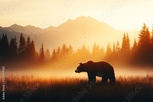 A silhouette of a bear standing against a gradient sunset, with its details simplified to elegant shapes