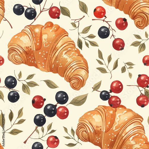 Sweet seamless pattern croissants and berries on a light background