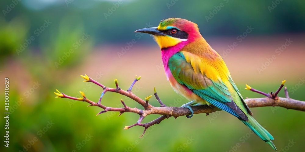 Fototapeta premium Vibrant Rainbow Bird Perched on a Branch in a Serene Natural Setting