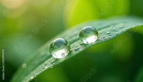 A blurry image of water droplets on a green leaf with a smooth blurred background, capturing the freshness of nature in a macro shot.