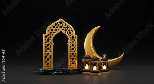 Islamic 3D Background with Golden Arch, Crescent Moon, and Lanterns