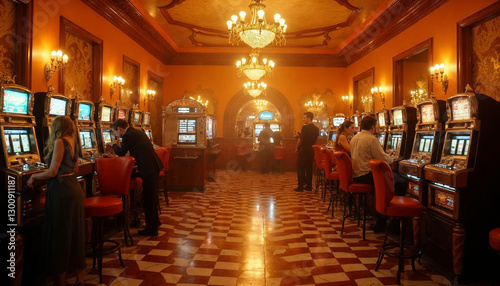 A bustling casino floor with a roulette table, slot machines, and colorful lighting, capturing the lively atmosphere of the gaming experience.