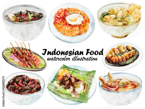 Watercolor Indonesian Food Illustration Set - Hand-Painted, Realistic, Traditional Cuisine - Nasi Goreng, Satay, Soto, Gudeg, Bakso, Street Food, Vector Illustration