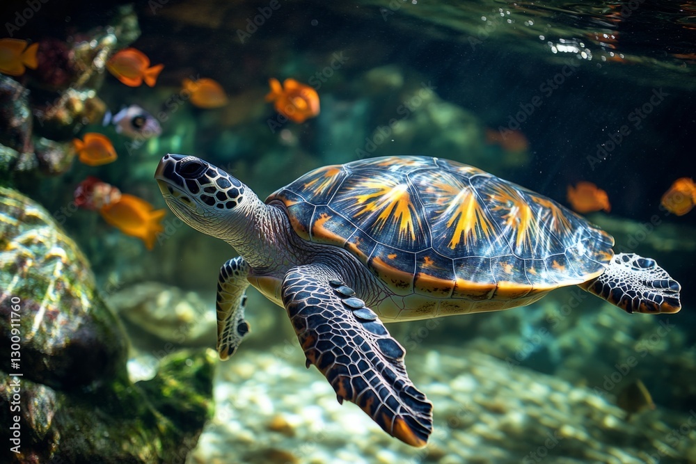 Colorful sea turtle swimming underwater in a large aquarium, surrounded by fish Colorful sea turtle swimming underwater in a large aquarium, surrounded by fish