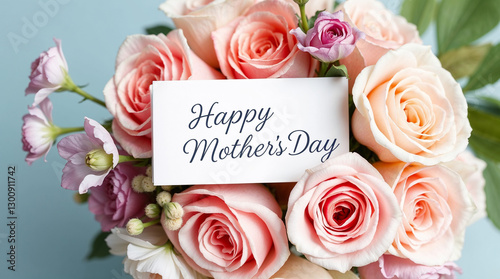 Text Happy mother's day. Bright bouquet with tender roses flowers. Greetings card, mother's day concept