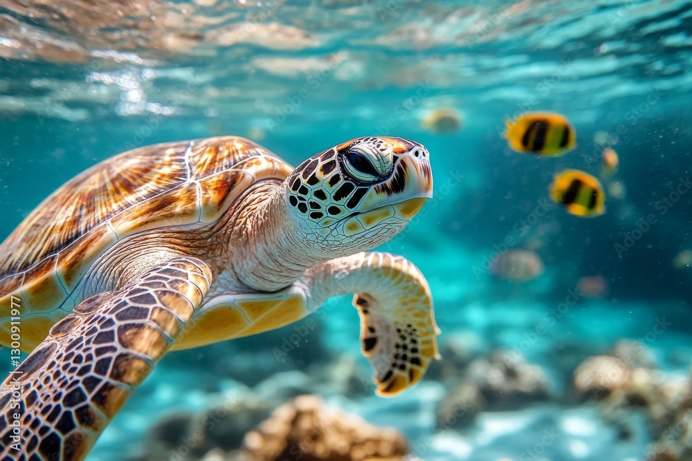 Obraz premium Green sea turtle swimming in its natural habitat, surrounded by colorful fish and coral reef
