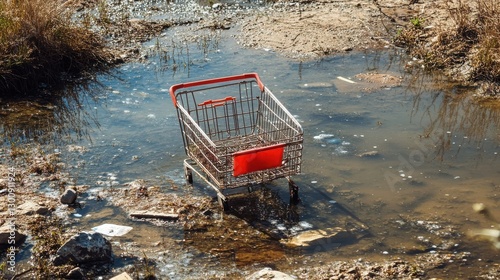 An abandoned shopping cart sits in a dirty puddle of water