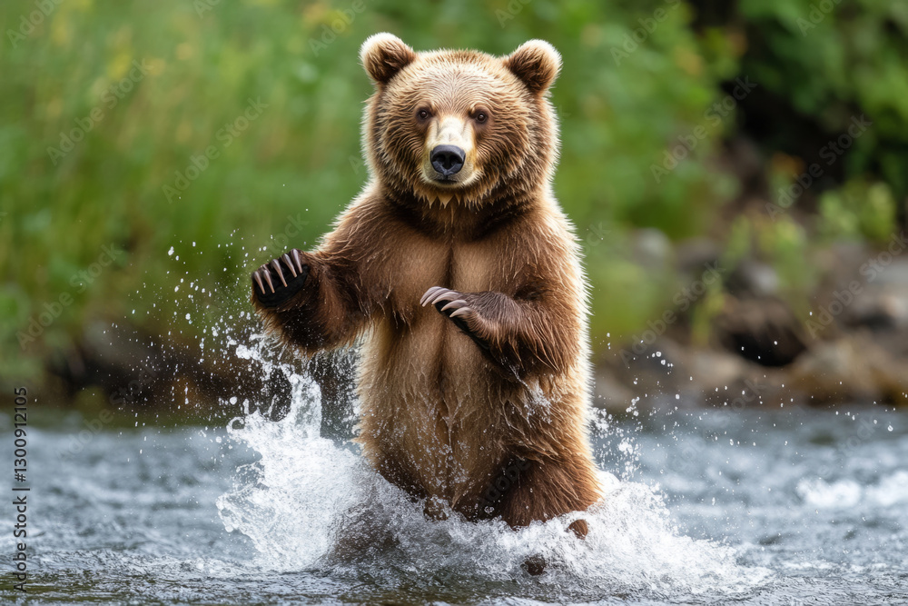 Fototapeta premium Brown bear standing on its hind legs in a river, catching salmon, with water splashing around it