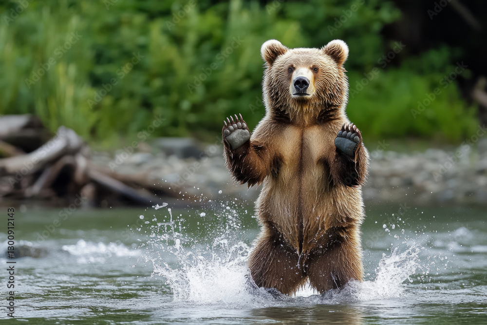Fototapeta premium Brown bear standing on its hind legs in a river, catching salmon, with water splashing around it
