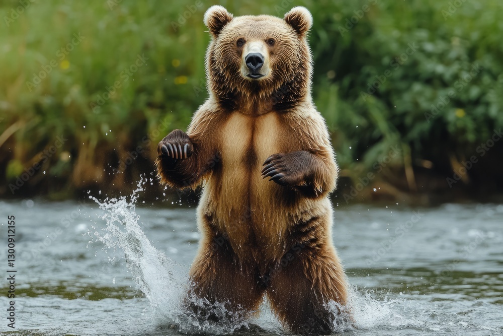 Fototapeta premium Large brown bear standing on hind legs in a river, fishing for salmon