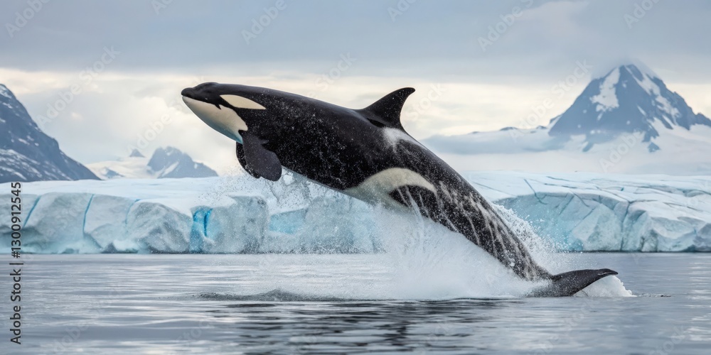 Fototapeta premium a majestic killer whale leaps out of the water near icy glaciers. The orca displays its iconic black and white pattern