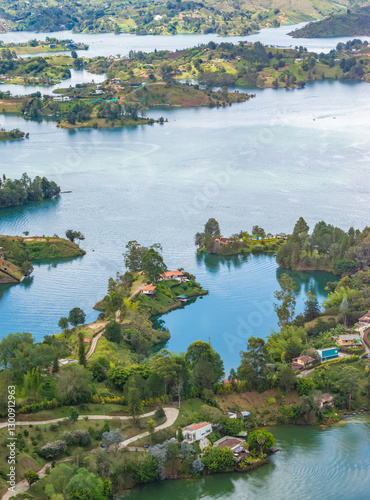 Stunning Aerial View of Guatape Lake and Surrounding Islands in Antioquia, Colombia