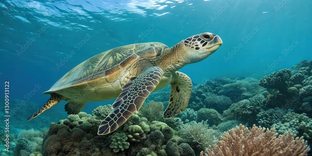 Fototapeta premium a sea turtle gracefully swimming in crystal-clear ocean water above a vibrant coral reef