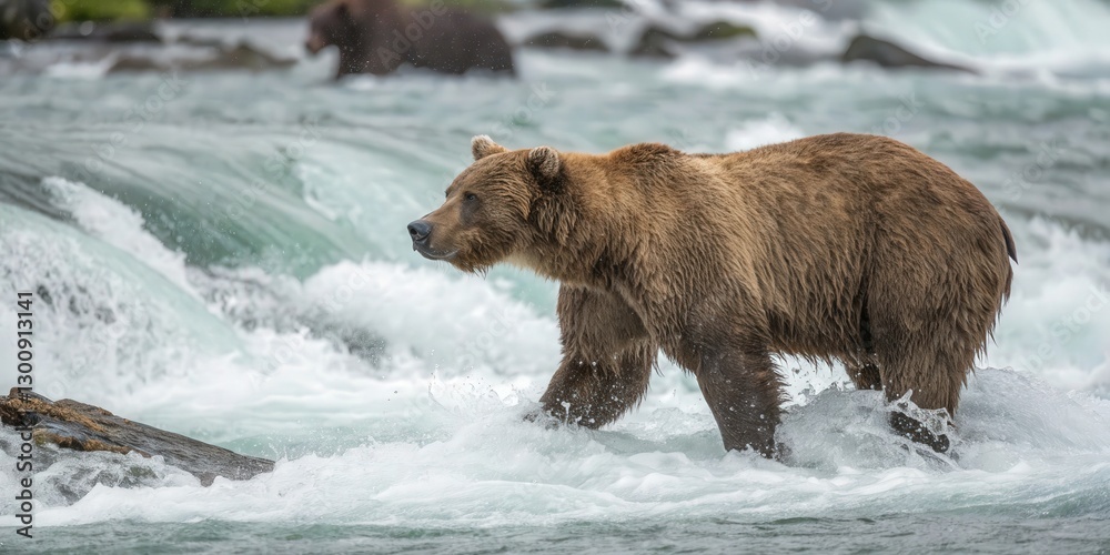 a brown bear wading through a fast-flowing river, showcasing its strength and adaptability in its natural habitat a brown bear wading through a fast-flowing river, showcasing its strength and adaptability in its natural habitat