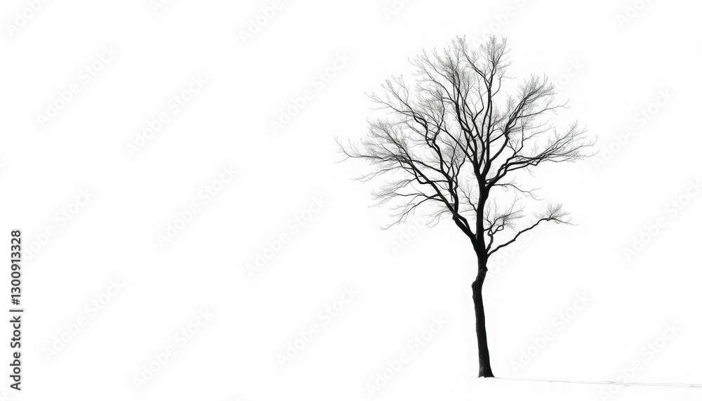 Obraz premium A lone tree stands silhouetted against a pure white backdrop, silhouette, winter