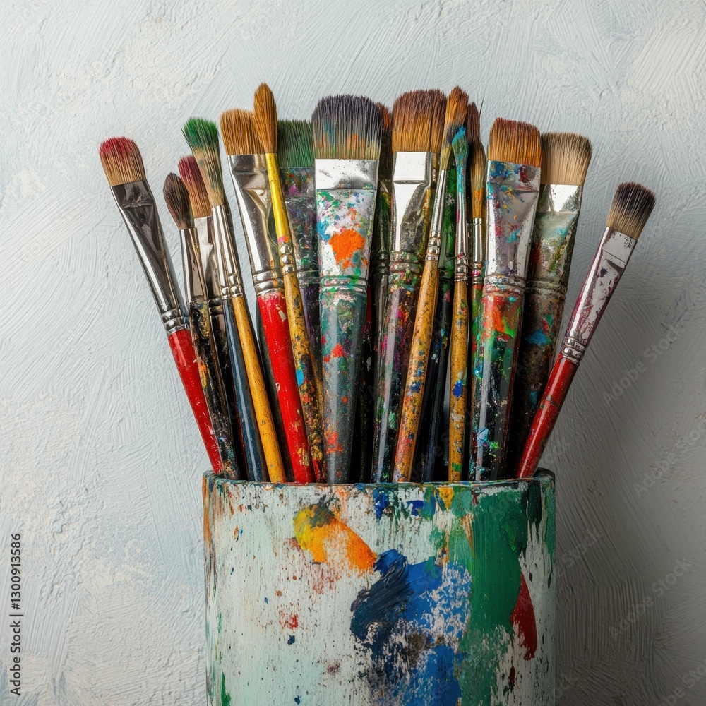 Obraz premium Collection of Paintbrushes in a Rustic Container Showcasing Vibrant Paint Stains and a Textured Background