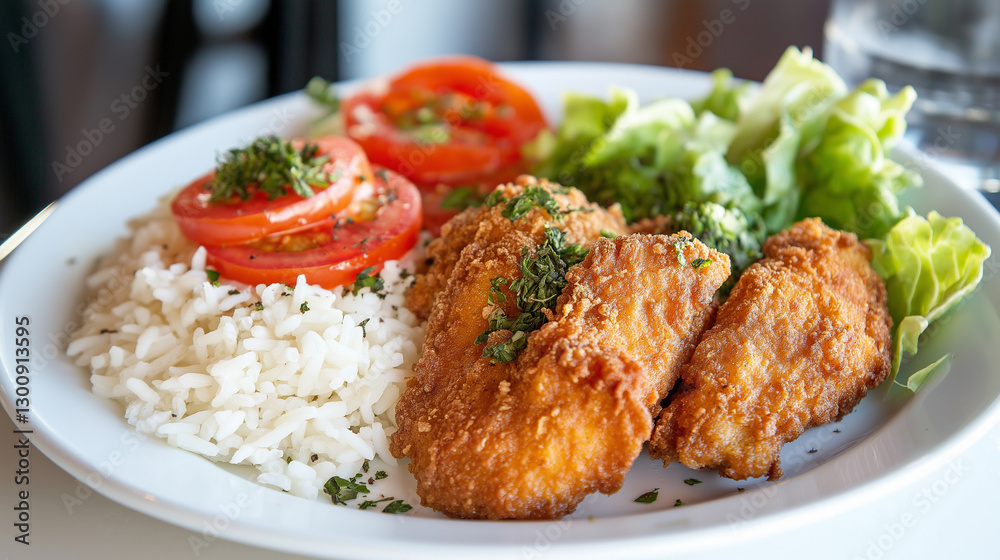A plate of crispy fried chicken with rice, lettuce, and tomatoes arranged on a white surface.
A plate of crispy fried chicken with rice, lettuce, and tomatoes arranged on a white surface.