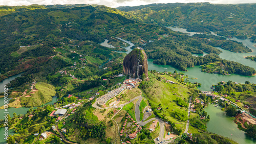 Stunning Aerial View of Guatapé Rock Surrounded by Lush Green Hills and Lakes in Antioquia, Colombia
