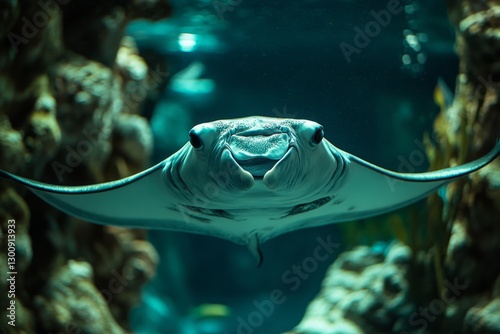 Close-up of a cownose ray swimming underwater in an aquarium photo