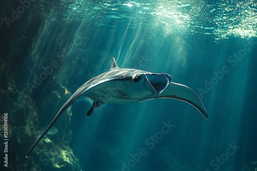 Giant oceanic manta ray swimming underwater with mouth open and sun rays filtering through the water photo